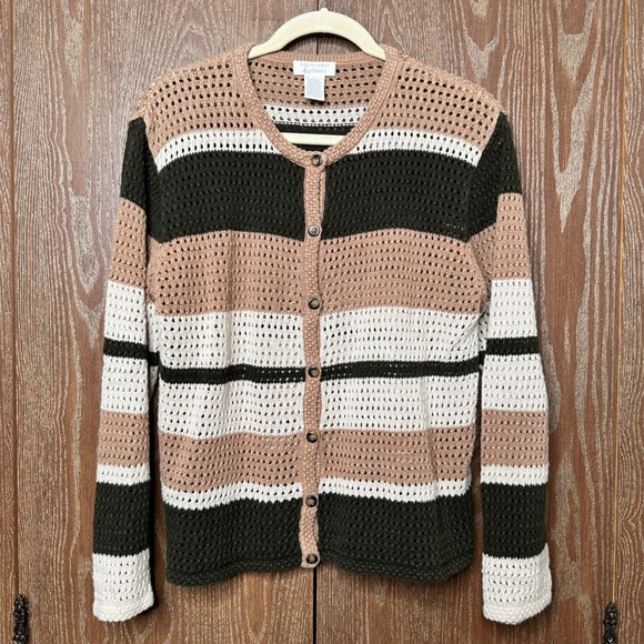 Christopher & Banks Sweaters - Christopher & Banks Striped Crochet Cardigan Sweater Women's Size L Button Down